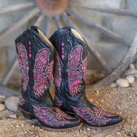 CORRAL A1049 pink/black Wing & cross snip toe blingy cowgirl western boots sz 6 - Picture 6 of 16